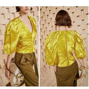 NWT $795 Ulla Johnson Vera Top - Metallic Ruched Puff Sleeve Blouse